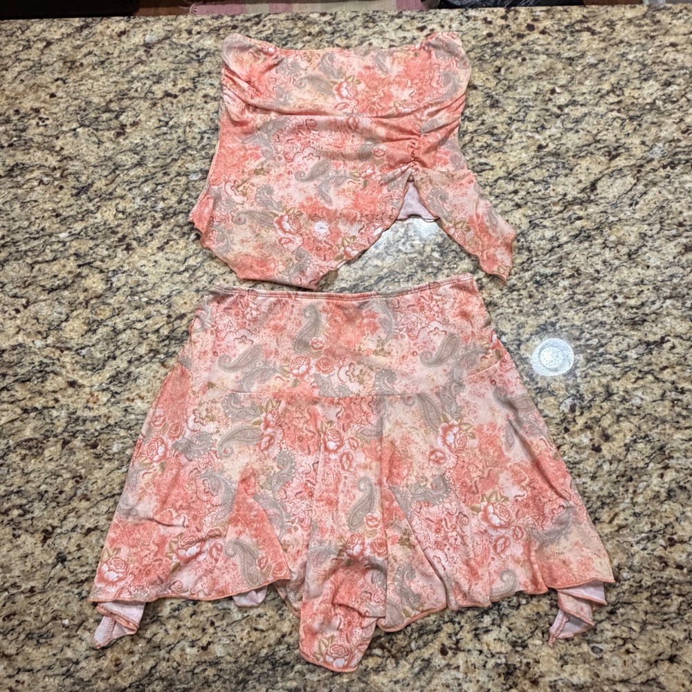 See You Monday Peach Floral Paisley Mesh Tube Top and Mini Skirt Set Womens L v